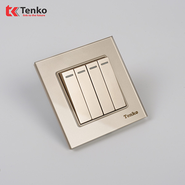 Công Tắc Tenko 4 Nút Mặt Vuông Kính Cường Lực Cao Cấp Màu Vàng